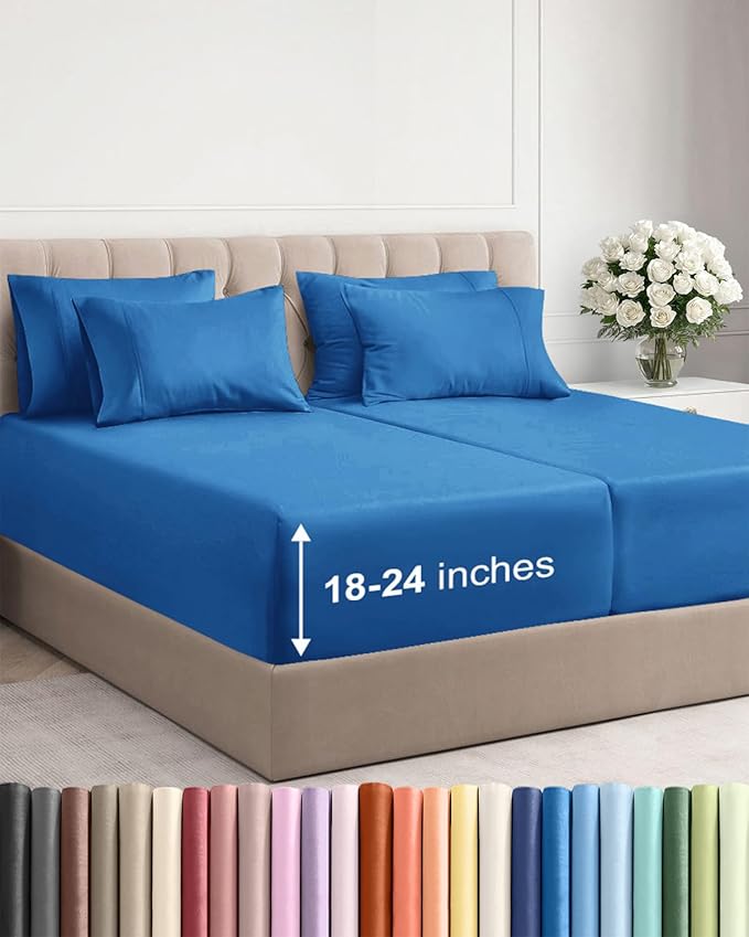 Extra Deep Split King Sheet Set - 7 Piece Breathable & Cooling Sheets - Hotel Luxury Bed Sheets Set - Easy Fit - Soft, Wrinkle Free & Comfy Sheets Set - Royal Blue Sheet Set with Extra Deep Pockets