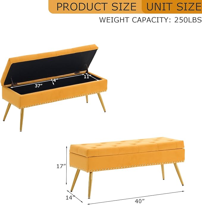 Velvet Storage Bench with Gold Legs& Nailhead Trim, 40" Wide Upholstered Modern Bedroom Bench for End of Bed, Tufted Ottoman for Entryway Living Room Dining Room (Mustard Yellow, 40" Wide)