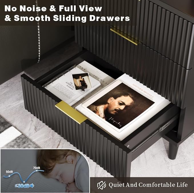 Fluted Night Stand Set of 2 with USB Charging Station, 3-Drawer Dresser Black Wood Modern Night Stand Bedside Table with Quiet Drawers & Large Storage End Table for Bedroom