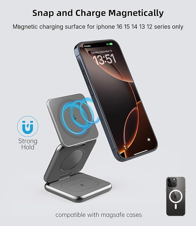 Foldable Magnetic Wireless Charger, KU XIU X40 Aluminum Alloy 3 in 1 Charging Station for Apple, Fast Magnetic Charger Stand for iPhone 17 16 15 14 13 12 Series, 5W for iWatch, AirPods 3/2/Pro, Gray
