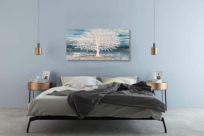 RICHSPACE ARTS Modern Tree Canvas Wall Art Teal Blue and White Pictures Large Abstract Decor Framed Landscape Oil Painting Artwork with 3d Texture and Gold Foil for Living Room Bedroom(20W*40L
