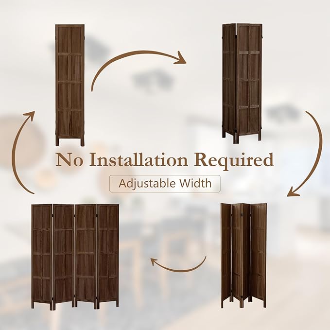 4 Panel Room Divider, 5.6Ft Wood Room Dividers and Folding Privacy Screens, Room Divider Wall Freestanding Room Partitions, Room Dividers Screen for Home Office Bedroom, Dark Brown