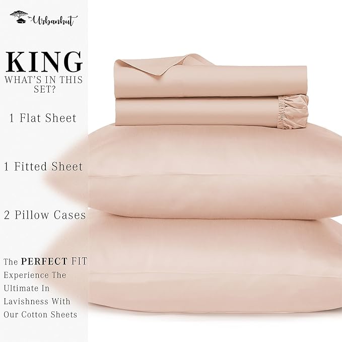 URBANHUT 800 Thread Count 100% Cotton King Size Sheets, Luxury 4 Piece King Bedsheets, Hotel Sheets Sateen Finish - Better Than Egyptian, 16" Elasticized Deep Pocket - Blush Pink