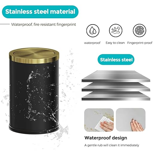 2.4 Gallon/9L Black and Gold Bathroom Trash Can Metal, Stainless Steel Wastebasket with lid, Brass Kitchen Garbage Can for Tolit Bedroom Powder Room Office Hotel (Black and Gold)