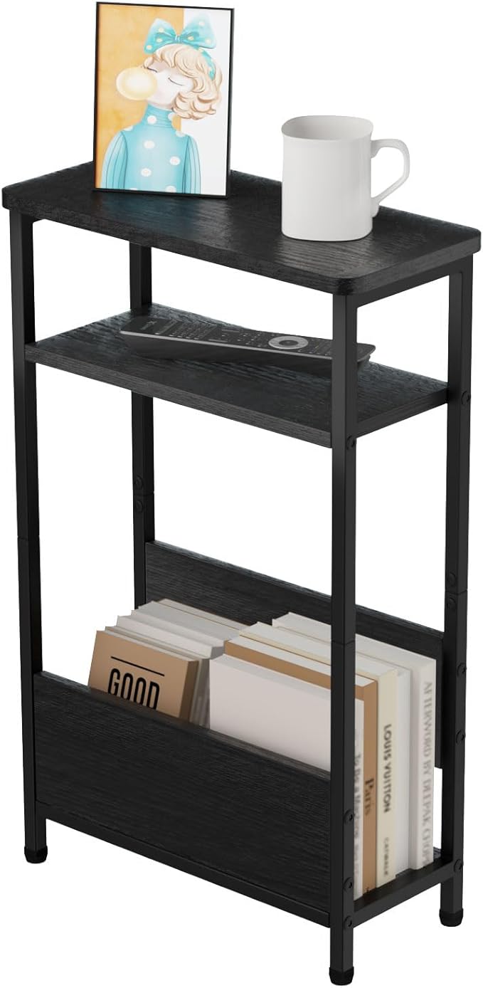 THUMEYE 7.1" Narrow Side Table for Small Spaces, 3 Tier Small End Table with Magazine Holder, Slim/Skinny Nightstand/Bedside Table for Living Room, Bedroom, 15.4" L x 24.2" H, Black