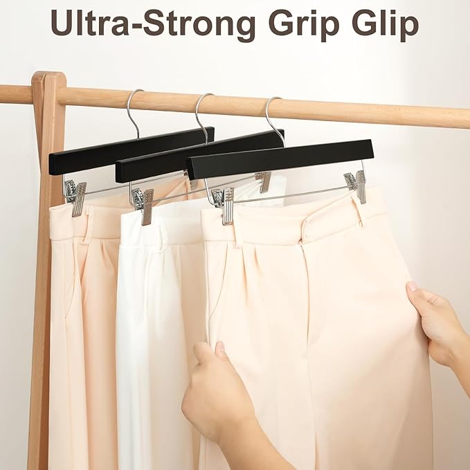 BAGAIL 10 Pack Wooden Pants Hangers with Adjustable Clips, 360°Swivel Hook Space Saving Skirt Holders with Anti-Rust Clips for Trousers, Jeans, Shorts (Black)
