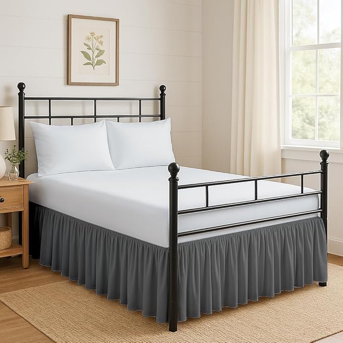 Ruffled Bed Skirt Split Corners with Platform, Tailored Fit Hotel Quality Wrinkle Free Ultra-Soft Microfiber Dust Ruffle, Upto 10 Inch Drop, Full XL, Dark Grey