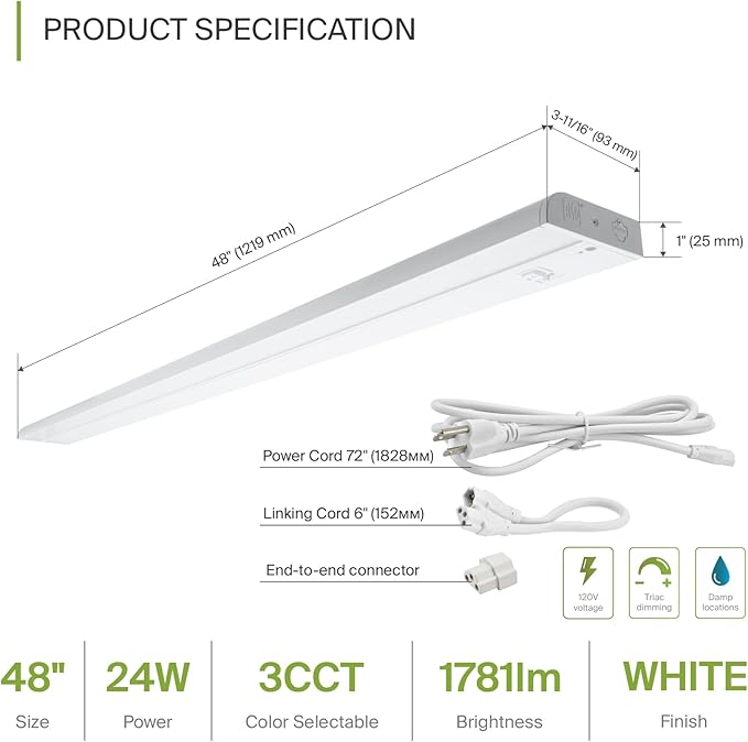 ASD 48 Inch LED Under Cabinet Lighting Plug in or Hardwired, High/Low/Off Switch, 24W 120V 3 CCT 2700K/3000K/4000K CRI90+, Triac Dimmable Linkable Under Counter Lights for Kitchen, ETL Listed, White
