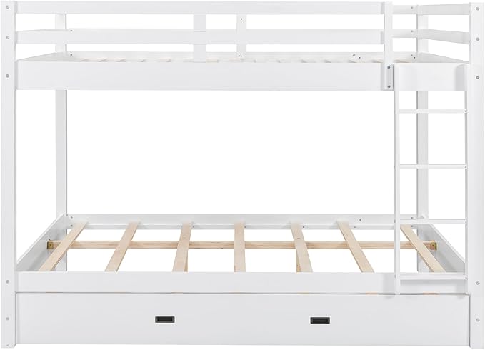 Bellemave Queen Over Queen Size Bunk Bed with Trundle for Kids/Adults,Solid Wood Bunk Bed Frame Queen Size with Ladder & Safety Guardrails,White