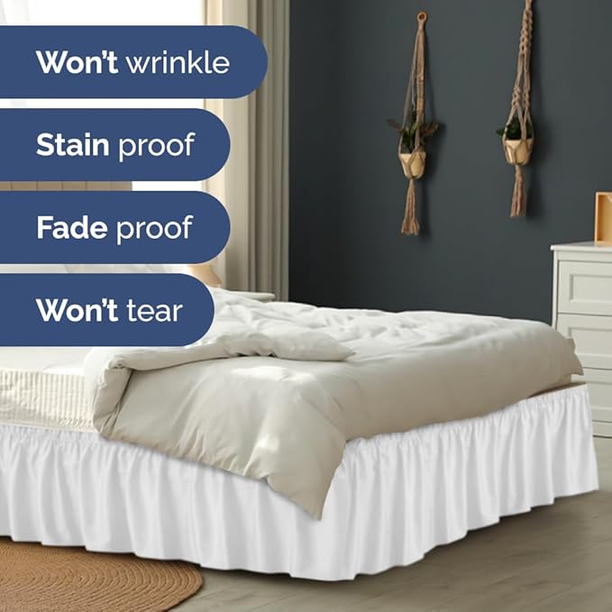 Wrap Around Dust Ruffle Bed Skirt - White - for Full Size Beds with 15 Inch Drop - Easy Fit Elastic Strap - Adjustable Pleated Bedskirt w/Brushed Fabric - Wrinkle Free - for Women, Men, Kids & Teens