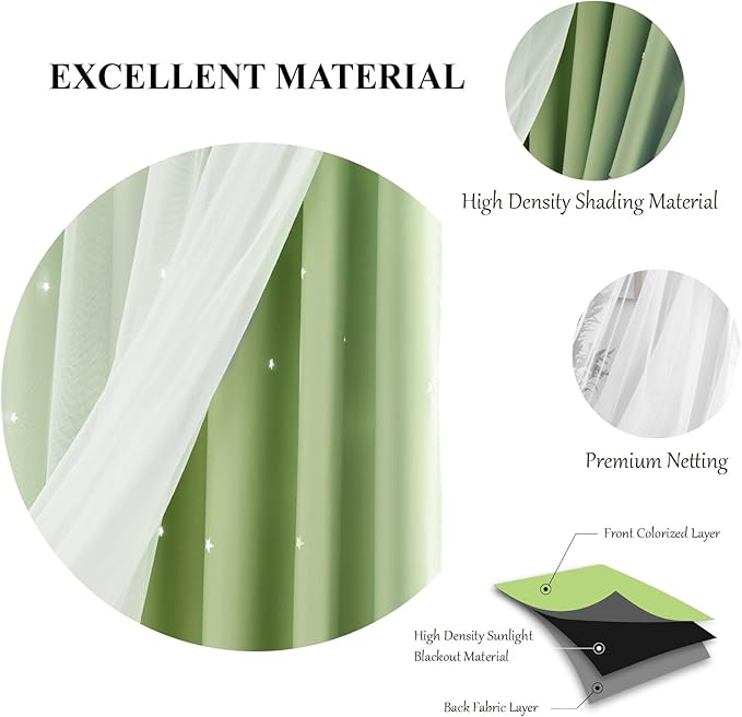Stars Double Layer Blackout Curtains for Bedroom Kids, Cute, 108 Inches Long, 2 Panels Set, Green