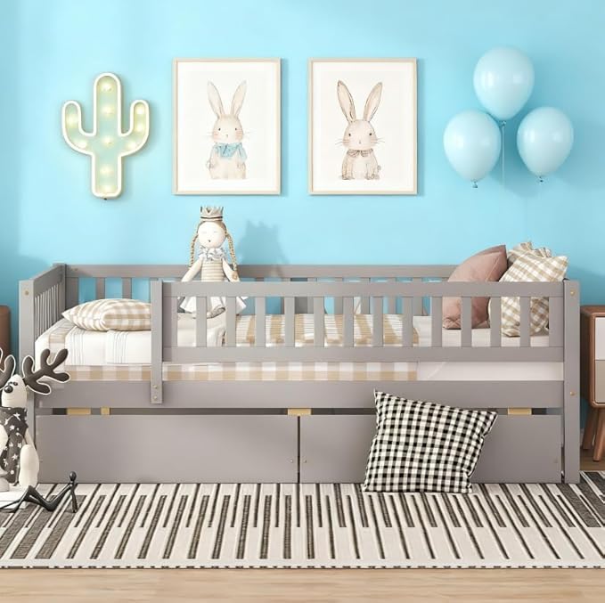 Bellemave Full Size Bed Frames with Rails for Kids, Full daybed Frame with Drawers for Boys/Girls/Adults， Gray
