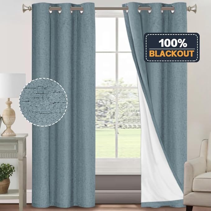 PrinceDeco 100% Blackout Linen Textured Curtains for Bedroom Linen Blackout Curtains 84 Inches Length 2 Panels Set Noice Reducing Soundproof Window Treatment Drapes with White Liner,Stone Blue