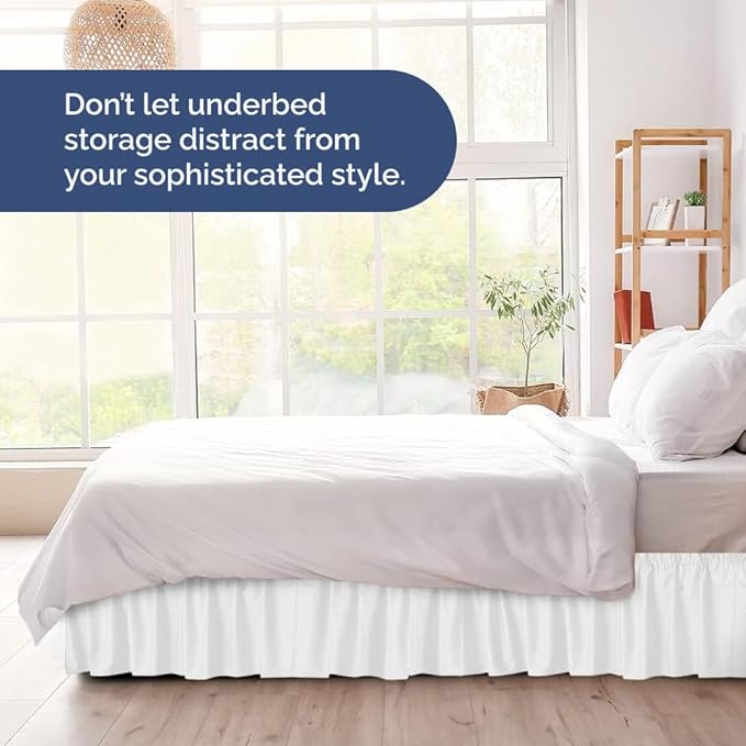 Wrap Around Dust Ruffle Bed Skirt - White - Twin/Twin XL Size Beds with 24 Inch Drop - Easy Fit Elastic Strap - Adjustable Pleated Bedskirt w/Brushed Fabric - Wrinkle Free - Women, Men, Kids & Teens