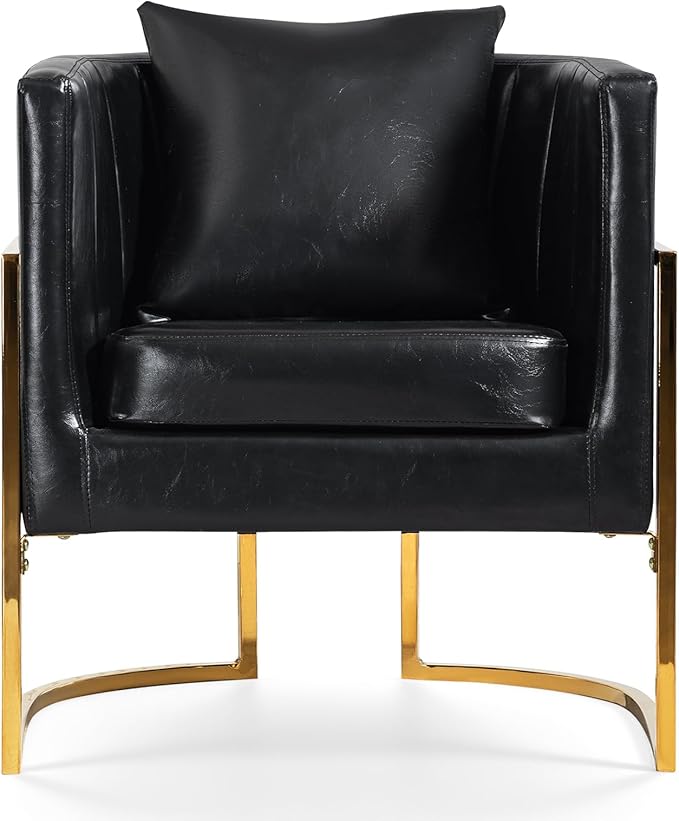 Modern Leather Accent Chair, Mid Century Upholstered Barrel Armchair with Pillow for Living Room, Comfy Single Vanity Chair with Metal Gold Legs for Bedroom, Black