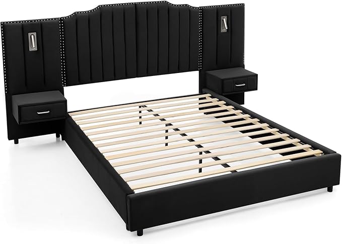 Luxury Queen Bed Frame with Headboard and Storage, Velvet Fabric Upholstered Platform Bed Frame Queen Size with LED Lights, Solid Frame & Bedside Table, No Box Spring Needed, Black