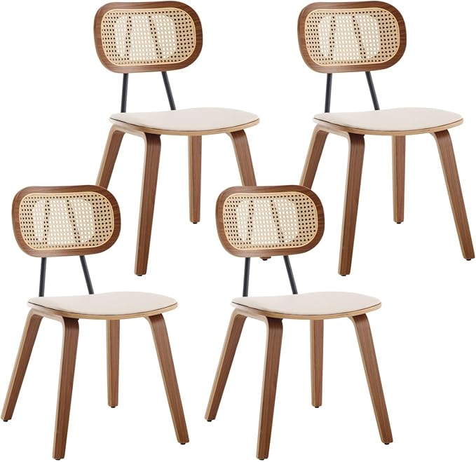 HEAH-YO Modern Dining Chairs Set of 4, Upholstered Faux Leather Dining Room Chairs with Rattan Backrest and Wood Legs, Armless Wood Kitchen Chairs for Dining Room, Beige