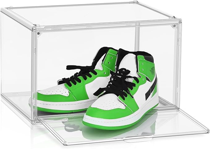 Size 14 Acrylic Sneaker Shoe Display Case, Transparent Shoe Box Storage Bins Clear Plastic Stackable Boot Handbag Organizer Containers with Lids for Shoes, Figure, Collectible, Purse, 1Pack