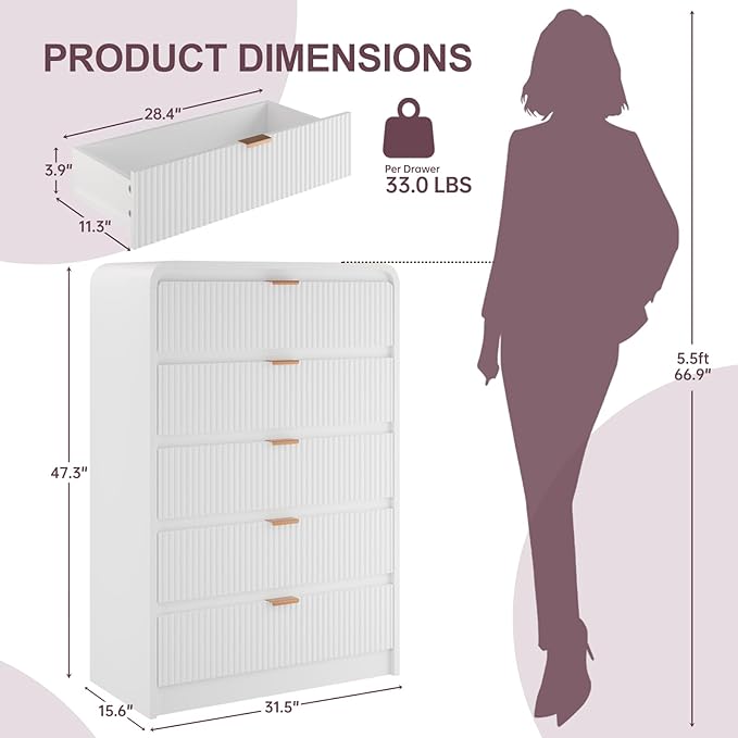 FURSUN Fluted 5 Drawers Dresser for Bedroom, 48" Tall Wooden Modern Dresser with Metal Handle, Curved Profile Design, Storage Organizer for Bedroom, Living Room, Hallway, White