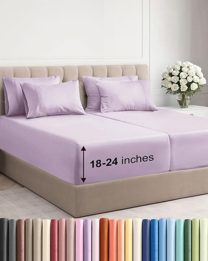 Extra Deep Split King Sheet Set - 7 Piece Breathable & Cooling Sheets - Hotel Luxury Bed Sheets Set - Easy Fit - Soft, Wrinkle Free & Comfy Sheets Set - Light Lavender Sheet Set w/Extra Deep Pockets