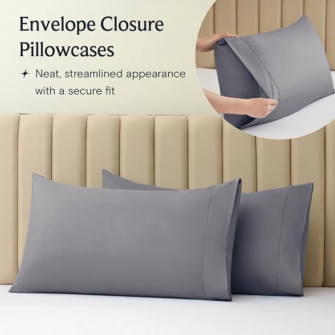 LuxClub 4 PC Extra Deep Pocket California King Sheet Set, Wrinkle Free Cooling Bed Sheets Hotel Bedding for Women, Men, 1 Fitted Sheet, 1 Flat Sheet and 2 Pillowcases- Light Grey