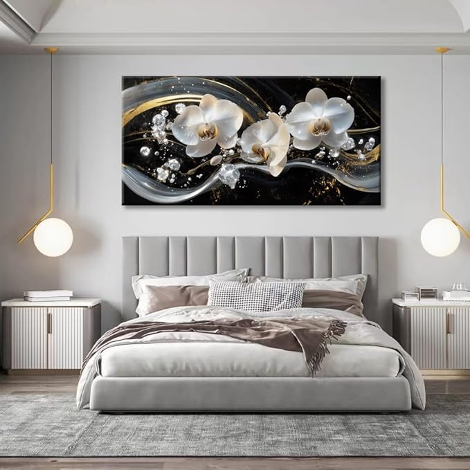 White Orchid Canvas Wall Art - Modern Floral Picture for Living Room, Bedroom Wall Decor, Framed Wall Art for Home Decoration, Elegant Flower Paintings Ready to Hang, Large Wall Art 60x120cm(24x48in)