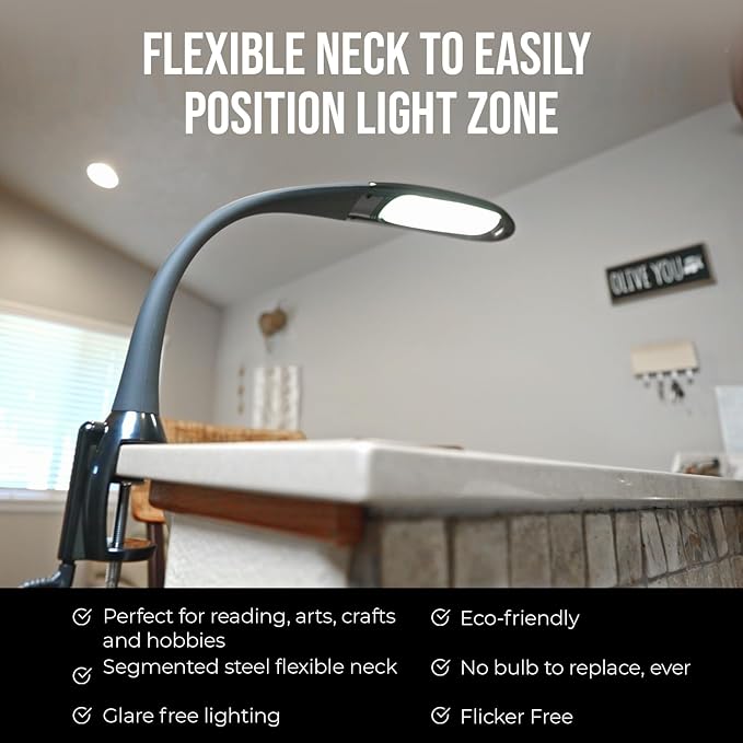 Stella Edge Premium 10W LED Desk Clamp Task Lamp-Black-Adjustable Dimmable Low Vision Natural Table Light - Bright Macular Degeneration Aid Lighting - Hobby, Crafting, Sewing, Artist, Reading, Office