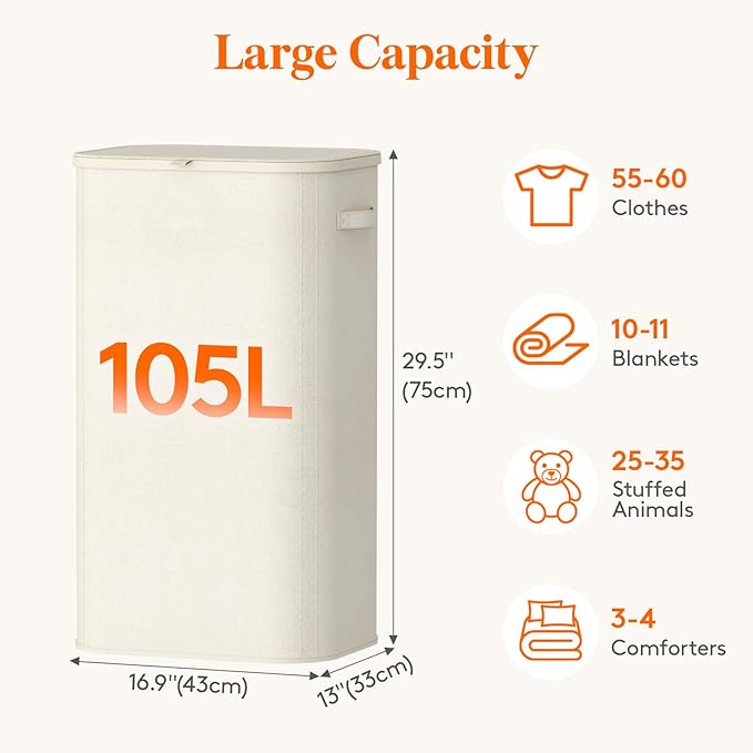 Lifewit 105L Laundry Basket with Lid, Large Laundry Hamper with Plastic Handles and Removable Bag, Foldable Tall Dirty Clothes Hampers for Laundry for Laundry Room, Bedroom, Bathroom, Dorm, White