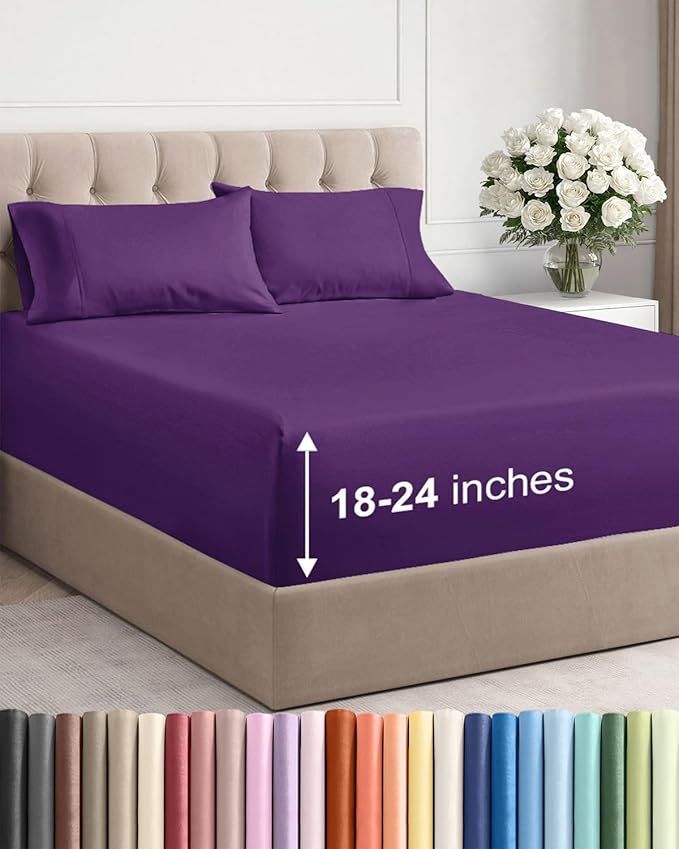 Extra Deep Twin XL Sheet Set - 4 Piece Breathable & Cooling Sheets - Hotel Luxury Bed Sheets Set - Easy & Secure Fit - Soft, Wrinkle Free & Comfy Sheets Set - Purple Sheet Set with Extra Deep Pockets