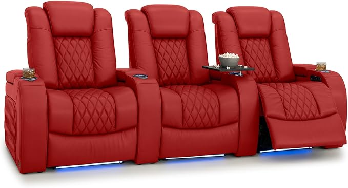 Seatcraft Diamante Zero-Gravity CoolZero Italian Leather Home Theater Seating, Power Headrest, Power Recline, Row of 3, Red