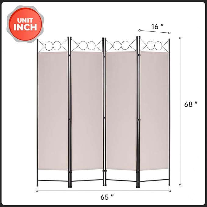 4 Panel Room Divider 6FT Steel Frame Screen Folding Privacy Divider Freestanding Partition for Home Office Bedroom (Tan)