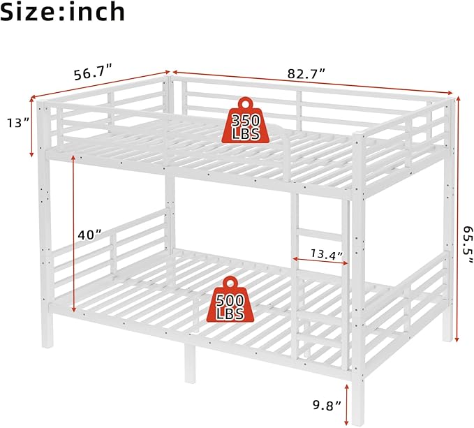Full XL Bunk Bed Frame, Heavy Duty Metal Loft Bed for Adults/Teens, 350/500LB Capacity w/Ladder & Guardrail, Noise-Free Steel Slats, No Box Spring Required, White
