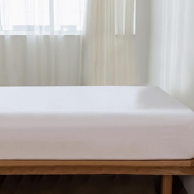 MooMee Fitted Bottom Sheet Only 100% Washed Cotton Linen Like Breathable Textured Durable Soft Comfy Deep Pocket Fits Mattress up to 17" (Bright White, King)