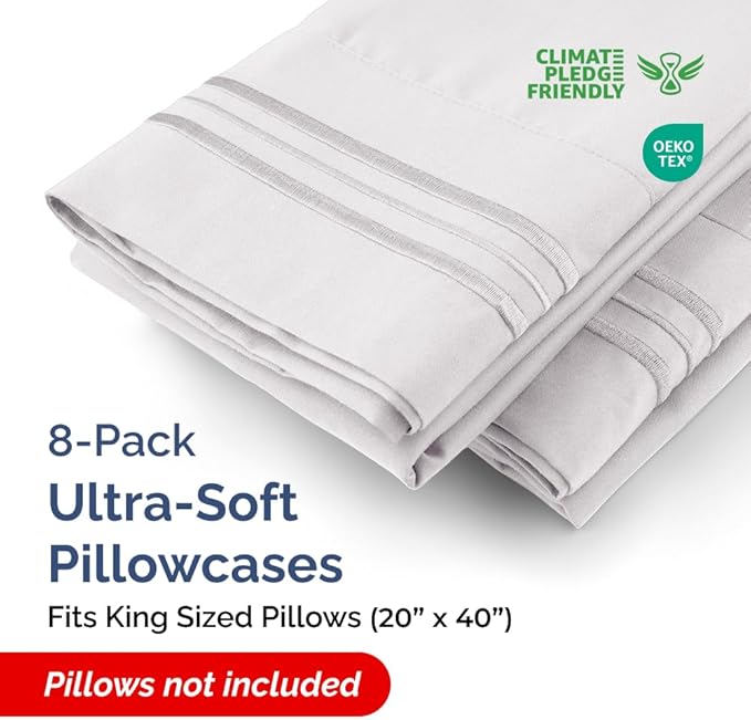 King Pillow Cases Set of 8 - Ultra Soft Hotel Quality Pillowcase Covers - Comfy, Cozy & Wrinkle Free - Shrink, Stain and Fade Resistant - Machine Washable Pillow Protectors - 8 Piece Set - French Grey