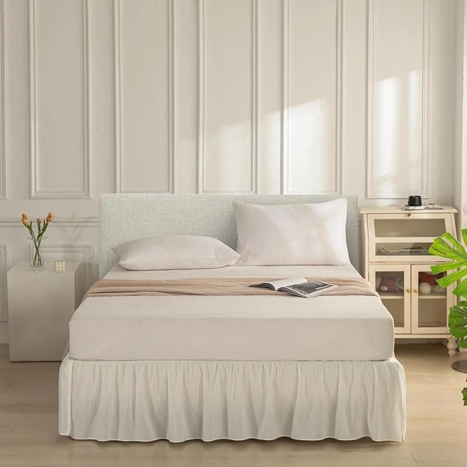 Bed Skirt Twin Size Ruffled Bed Skirt with Split Corners, Ivory Bed Skirts 14 Inch Drop, Bed Skirting with Platform, 14'' Twin