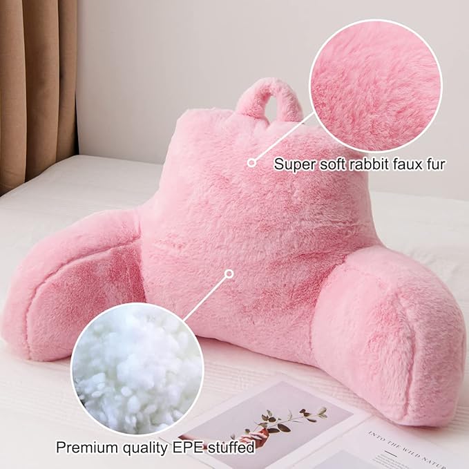 Holawakaka Large Faux Fur Bed Rest Pillow with Arms,Rabbit Fur Reading Pillows Perfect for Adults Men Women, Arm, Back, Pregnancy Lumbar & Head Neck Coccyx Lower Back Support Cushion (Pink)