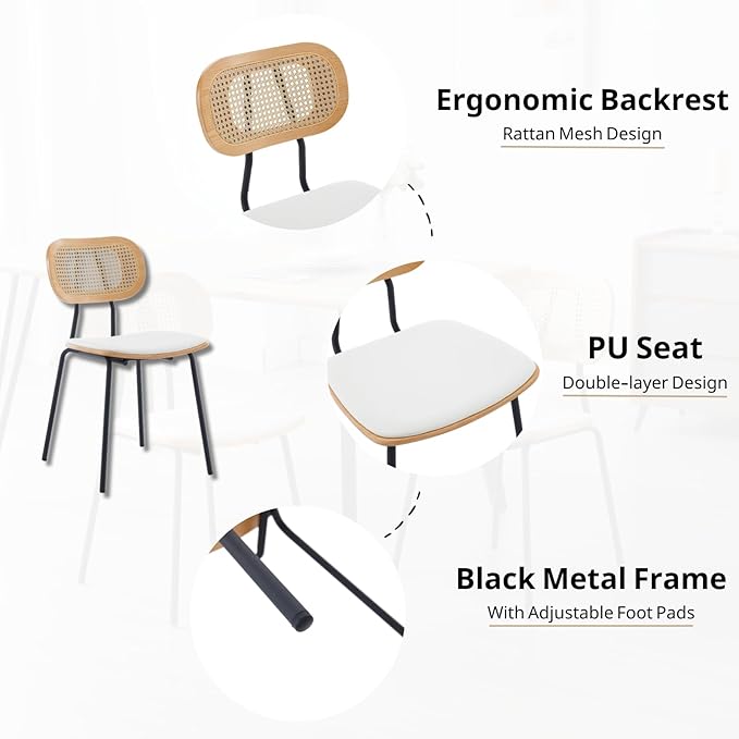 HEAH-YO Dining Chairs Set of 2, Upholstered Faux Leather Rattan Dining Chairs with Backrest and Metal Legs, Armless Kitchen Rattan Chairs for Dining Room, White