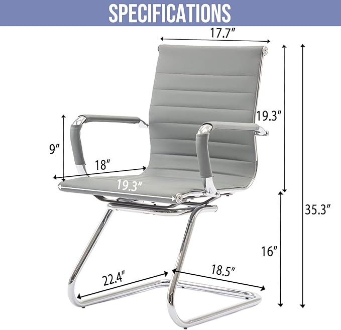 Wahson Office Guest Chairs Set of 2, Leather Reception Chairs, Mid Back Waiting Room Chair, Conference Chairs with Sled Base, Desk Chair No Wheels for Meeting/Lobby/Restroom, Grey