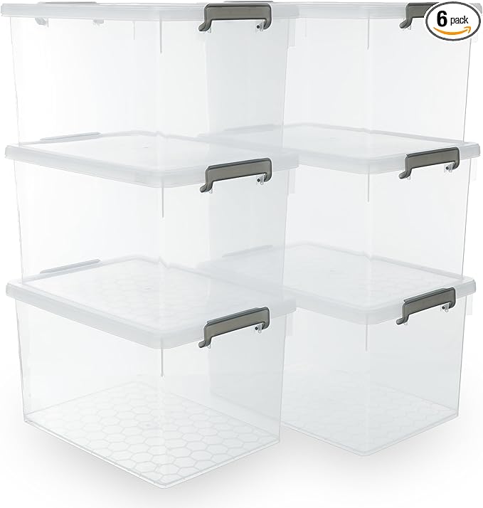 Citylife 48 QT 6 Packs Plastic Storage Bins with Lids and Secure Latching Buckles Clear Stackable Storage Containers for Organizing Durable Storage Box