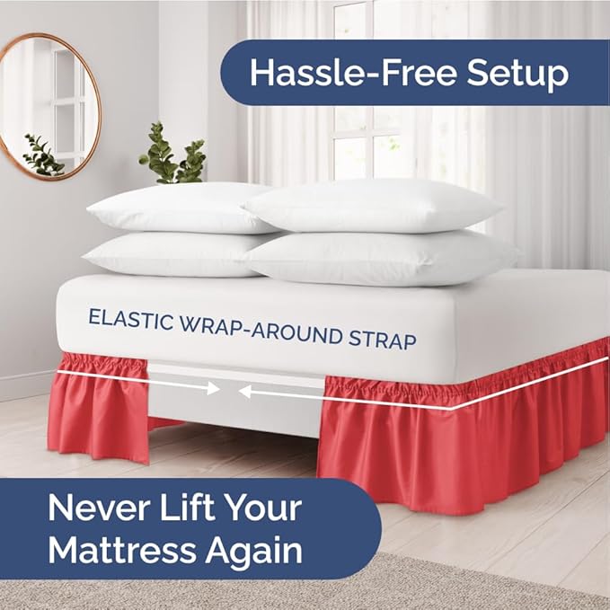 Wrap Around Dust Ruffle Bed Skirt - Red - for King Size Beds with 24 Inch Drop - Easy Fit Elastic Strap - Adjustable Pleated Bedskirt w/Brushed Fabric - Wrinkle Free - for Women, Men, Kids & Teens