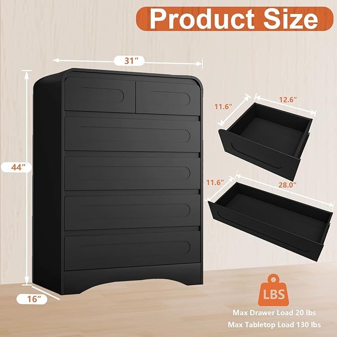 5 Piece Bedroom Sets, Modern Dresser and Nightstand Sets & Bookshelf with Safe Curved Design, Including Tall Bookshelf High & Wide 6 Drawer Dressers and Night Stand Set of 2 for Bedroom, Black