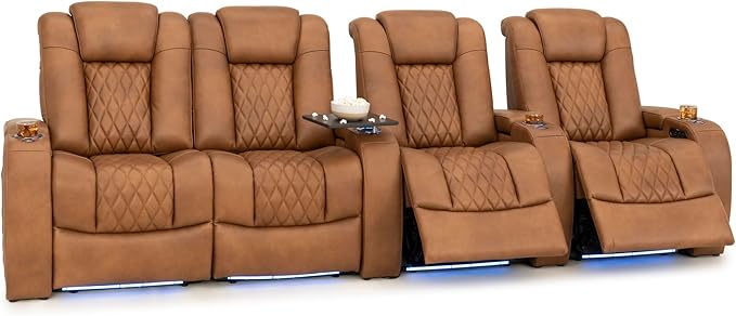 Seatcraft Diamante Zero-Gravity CoolZero Italian Leather Home Theater Seating, Power Headrest, Power Recline, Row of 4 Left Loveseat, Tawny