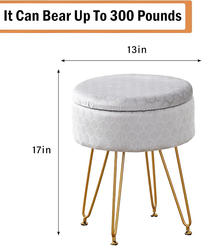 Cpintltr Modern Velvet Foot Rest Stool Upholstered Round Storage Ottomans Multipurpose Dressing Stools Luxury Home Decor Ottoman Coffee Table Top Cover Footstool with Metal Legs for Couch Light Grey