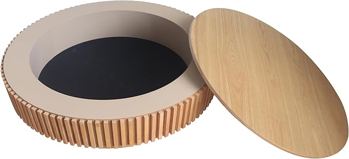 LKTART Round Coffee Table for Living Room, Accent Fluted Drum Coffee Table with Storage, Modern Solid Wood Veneered Circle Center Tea Table for Small Space Apartment (39.4''D×14''H-Natural)
