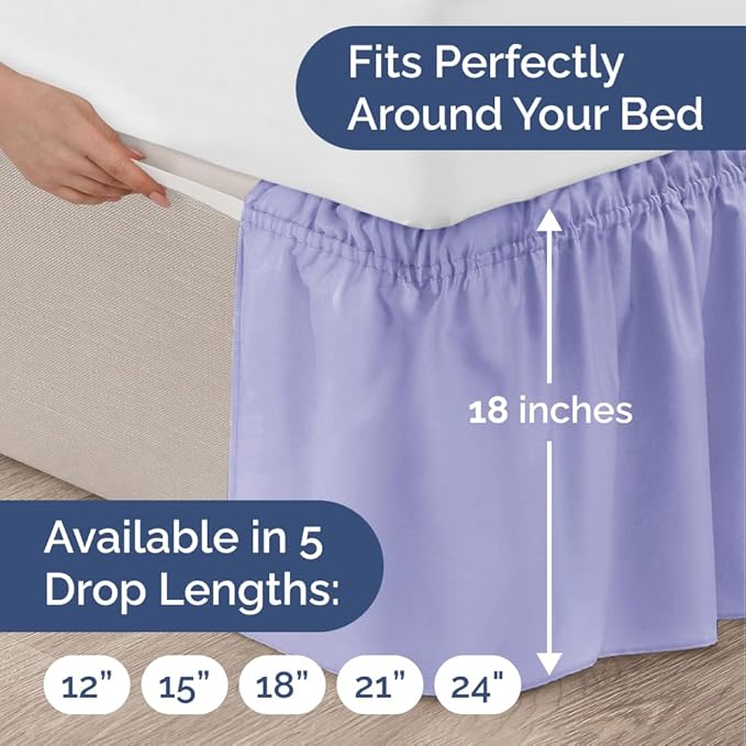 Wrap Around Dust Ruffle Bed Skirt - Lavender - for Full Size Beds with 18 Inch Drop - Easy Fit Elastic Strap - Adjustable Pleated Bedskirt w/Brushed Fabric Wrinkle Free - for Women, Men, Kids & Teens