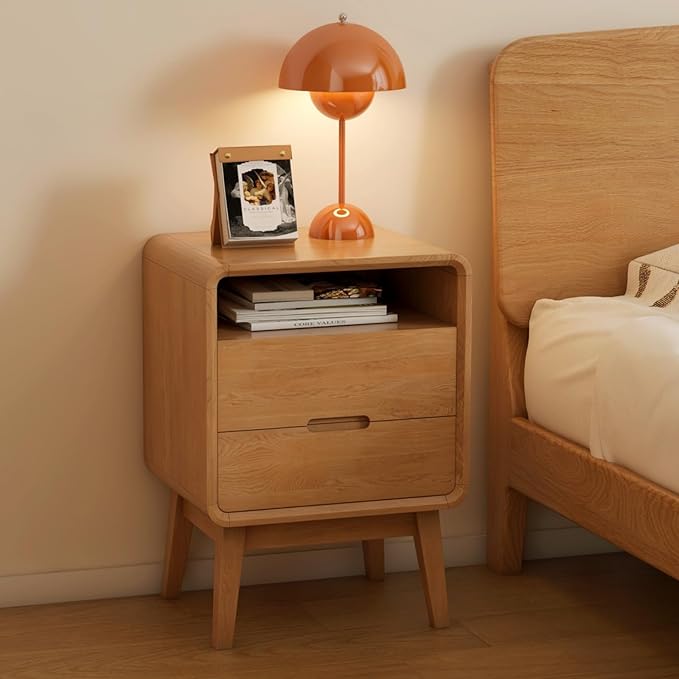 100% Solid Oak Wood Nightstand with 2 Drawers, Mid Century Modern Night Stand with Open Shelf, Wooden Nightstand, Small Night Stand for Small Spaces, Oak Bedside Table for Bedroom(23.23" H)