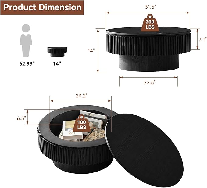LKTART Round Coffee Table for Living Room, Accent Fluted Drum Coffee Table with Storage, Modern Solid Wood Veneered Circle Center Tea Table for Small Space Apartment (31.5''D×14''H-Black)