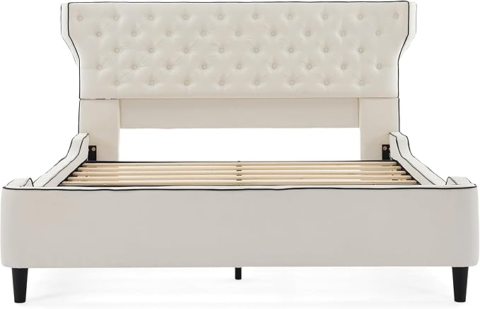 Christopher Knight Home Salus Linen Upholstered Queen Size Bed Frame with Headboard, Modern Queen Bed Frame and Headboard, Wooden Slats Support, Easy Assembly, No Box Spring Needed, Beige