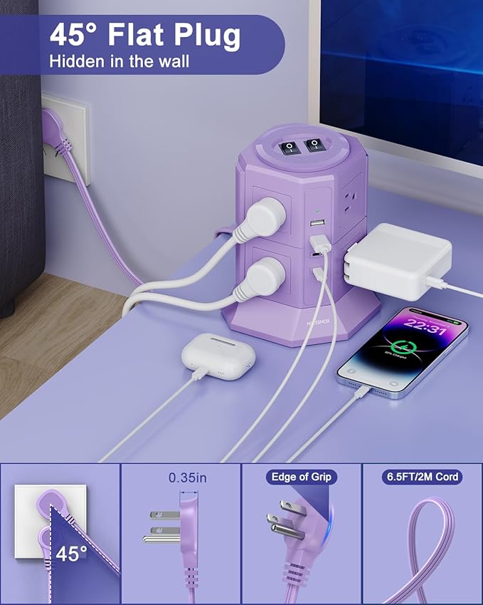 Flat Plug Power Strip Tower with 8 Outlets 4 USB Ports (2 Type C), Surge Protector Power Strip with 6.5 FT Extension Cord, Outlet Extender Charging Station with Multiple Outlets for Home Office Dorm