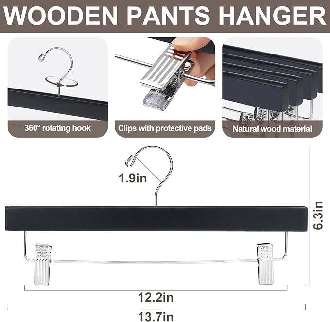BAGAIL 10 Pack Wooden Pants Hangers with Adjustable Clips, 360°Swivel Hook Space Saving Skirt Holders with Anti-Rust Clips for Trousers, Jeans, Shorts (Black)